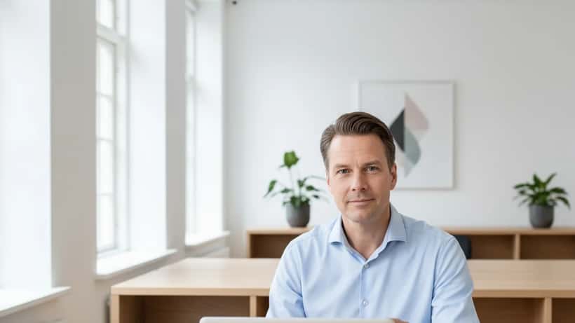 Dansk formuerådgiver i København viser en aktiekursgraf for farmaceutiske selskaber på en laptop