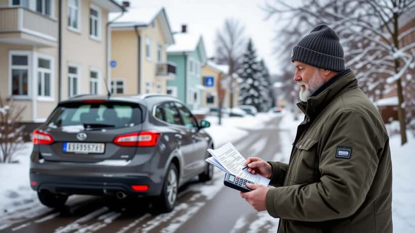 Mies pitää ajoneuvoveron maksuilmoitusta vanhan auton vieressä lumisella kadulla