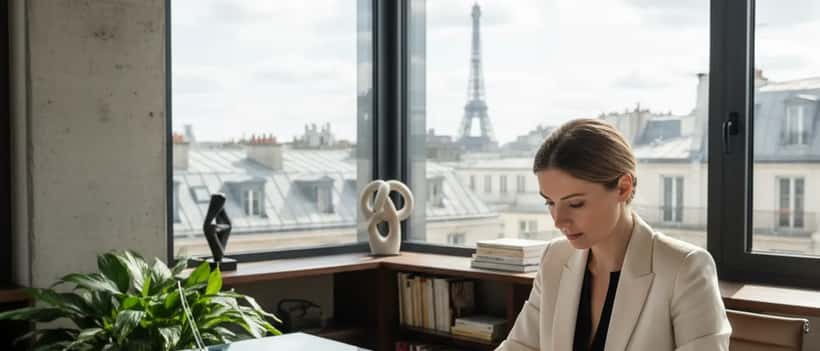 Femme consultant un contrat de travail dans un bureau parisien