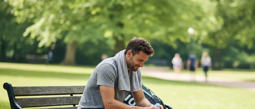 Amateur tennis player resting on a bench after training, looking fatigued