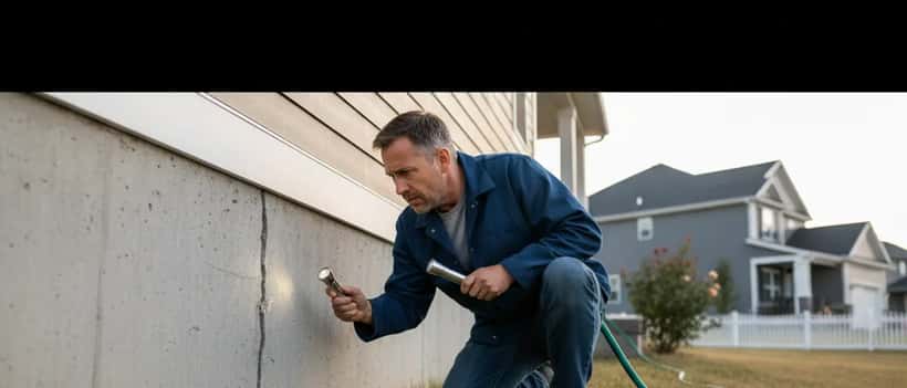 Homeowner inspecting earthquake damage to house foundation