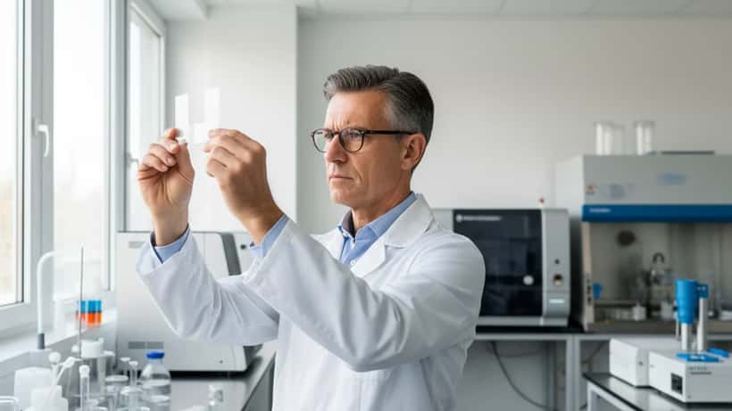 Oncologo italiano in camice bianco esamina risultati di esami del sangue in laboratorio oncologico a Milano