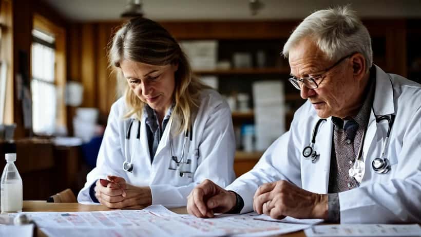 Íslenskur læknir fer yfir heilsugögn með sjúkling í heilsugæslustöð