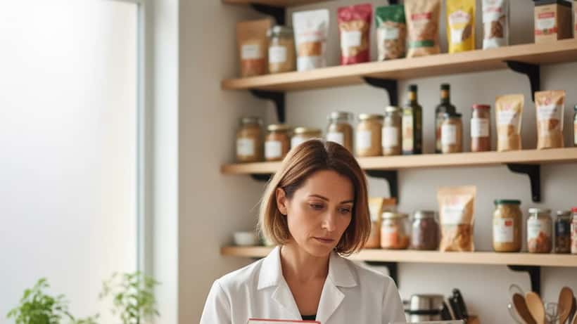 Nutritionniste française examinant des céréales dans un cabinet de consultation à Lyon