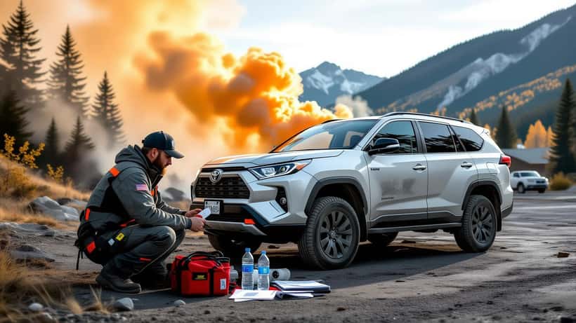 Mécanicien vérifiant son SUV avant une évacuation en cas d'incendie de forêt en Colombie-Britannique
