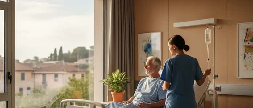 Anziano in ospedale guardando fuori dalla finestra con un'infermiera vicino
