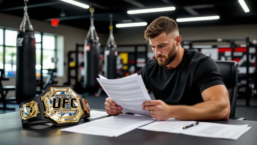 MMA fighter reviewing legal contract documents beside a championship belt in a Las Vegas training gym
