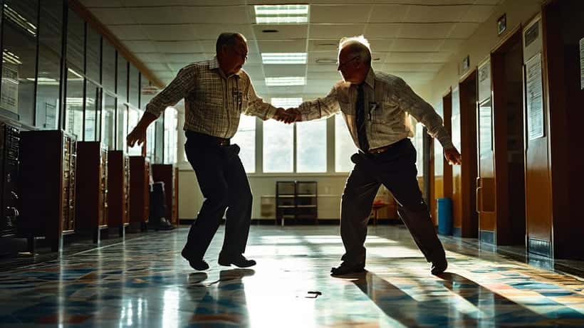 High school principal tackling an armed intruder in a school lobby, press photo style