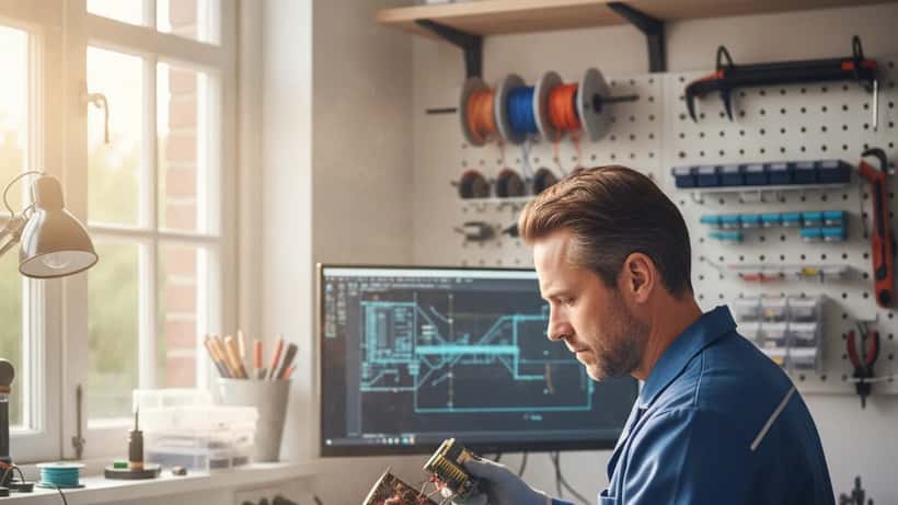 Elektronica-expert onderzoekt een beschadigde overspanningsbeveiliger na een stroomstoring in Soest