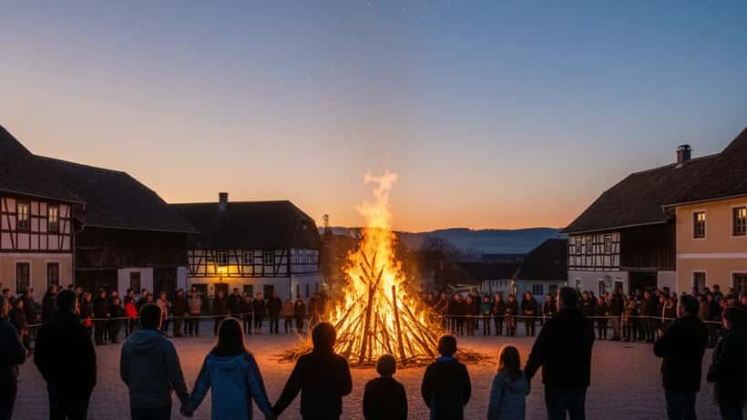 Traditionelles Osterfeuer im österreichischen Dorf bei Dämmerung, Flammen und Dorfbewohner