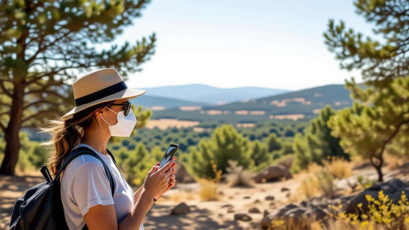 Nederlandse toeriste met FFP2-masker kijkt op smartphone bij camping in Zuid-Frankrijk terwijl rookwolk zichtbaar is boven dennenbos