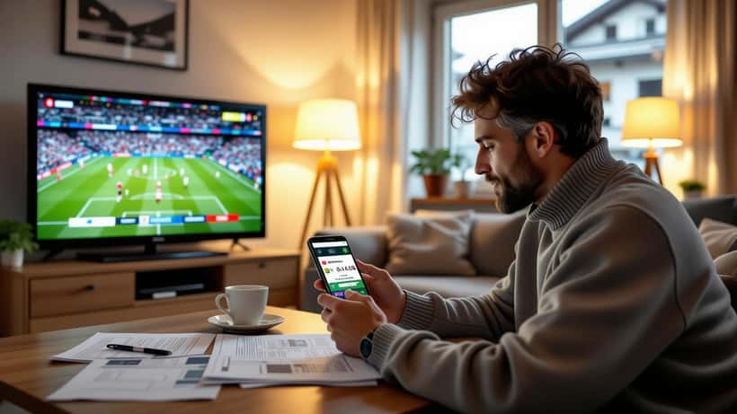 Homme consultant une application de paris sportifs avec un match France-Italie sur TV et des documents fiscaux suisses sur la table