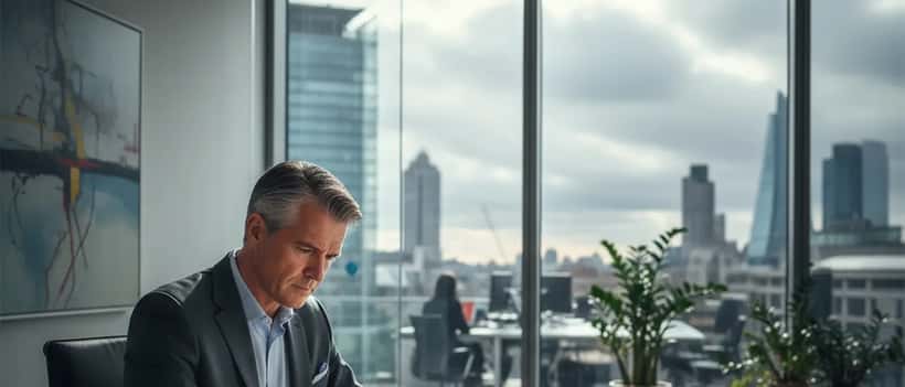 British business owner reviewing international legal contracts in a London office