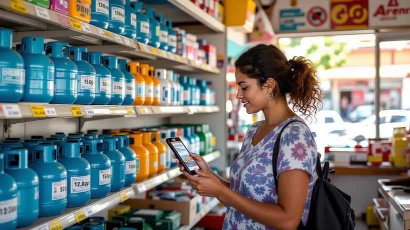 Mulher brasileira buscando botijão de gás em revenda credenciada do programa Gás do Povo