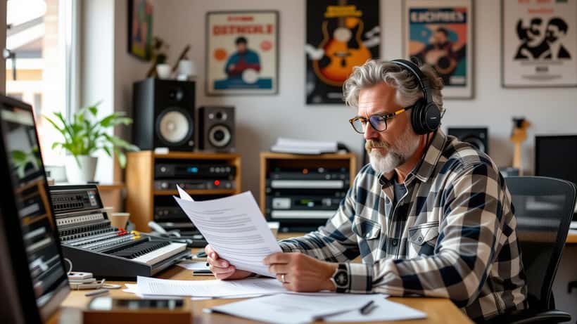 Norsk musiker gjennomgår musikkkontrakt i et plateselskapskontor i Bergen