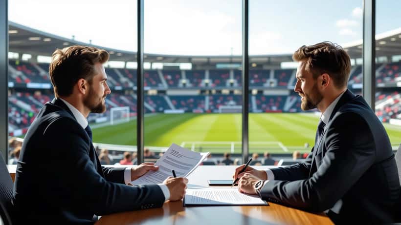 Sportsjurist går gjennom en spillerkontrakt i moderne kontorlandskap