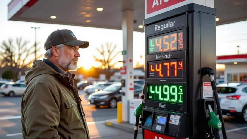 Driver looking at high gas prices on a fuel station price board showing over four dollars per gallon