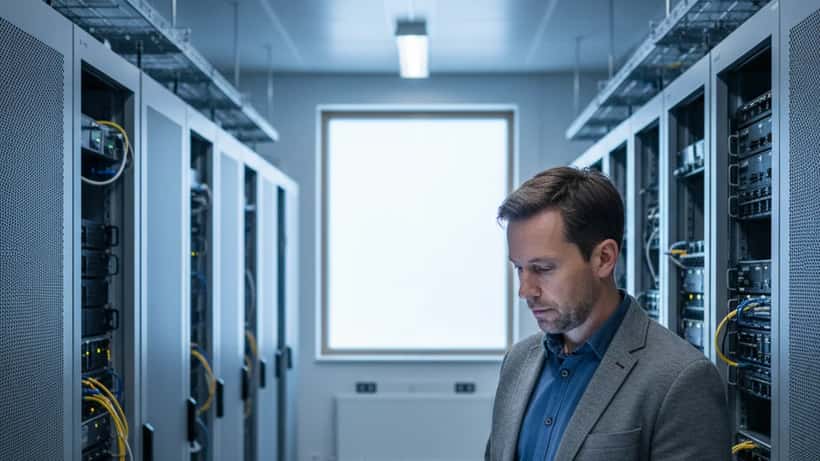IT-konsult granskar serverrum med nätverksdiagram på surfplatta