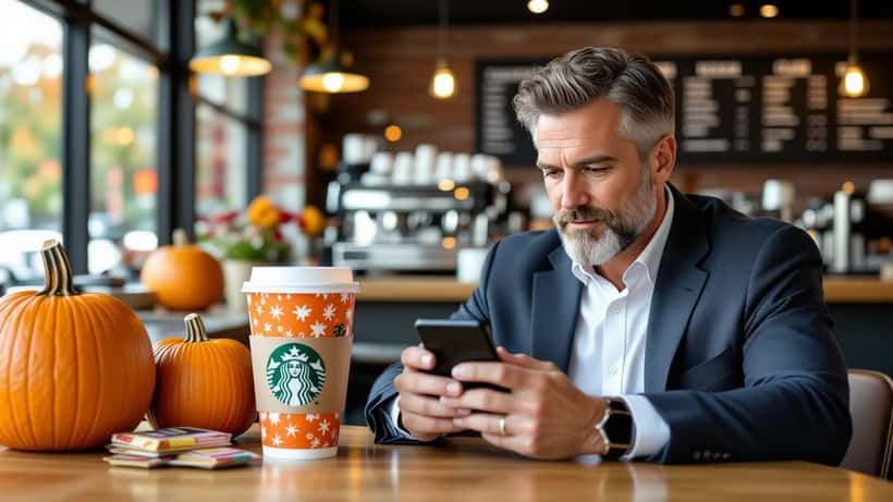 Man checking nutrition app while holding Starbucks Pumpkin Spice Latte at café counter, fall 2026