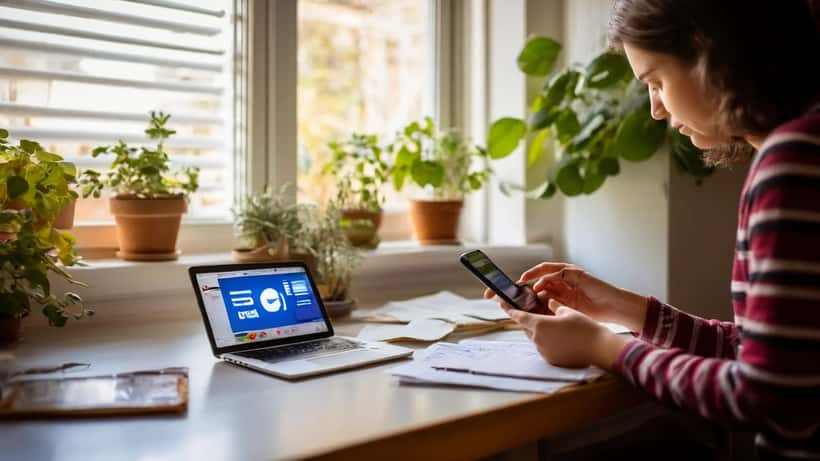 Mãos de pai a segurar smartphone com ícones de redes sociais, criança ao fundo em casa portuguesa