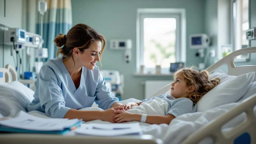 Mutter hält Hand ihres verletzten Kindes auf Krankenhausbett, Aktenmappe mit Gerichtsdokumenten sichtbar, Pirna Opferrechte Strafverfahren 2026