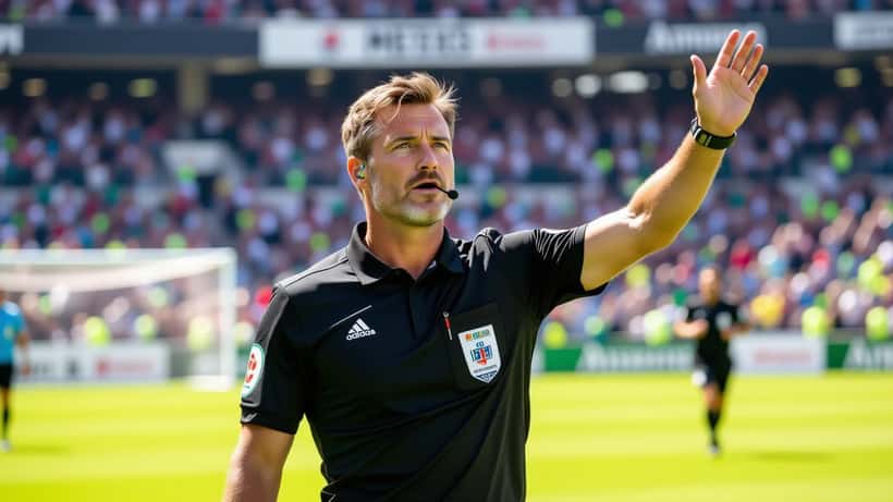 Arbitre de football courant sur la pelouse d'un stade pendant un match d'été, bras levé