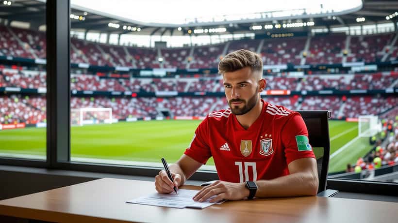 Álex Baena signing a sponsorship contract during the 2026 World Cup