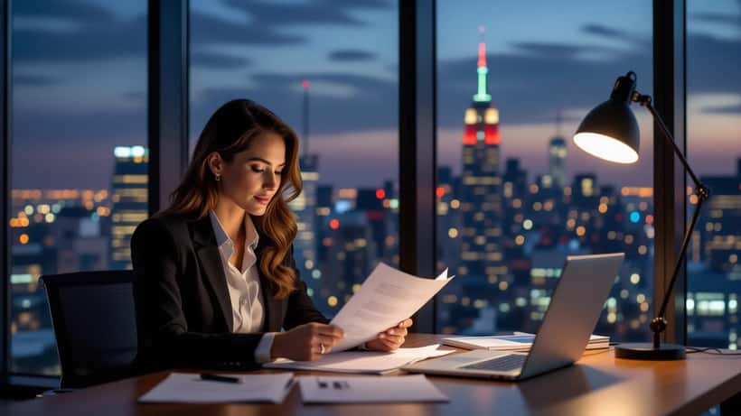 Female attorney reviewing consent law documents at night in a New York City law office with Manhattan skyline in background