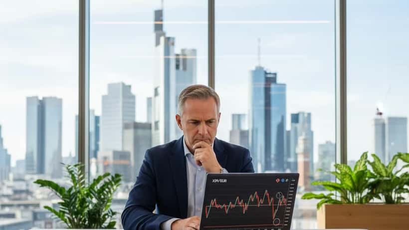 Deutscher Vermögensberater analysiert Kryptowährungskurs auf Laptop in modernem Büro in Frankfurt