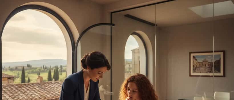 Avvocata italiana in ufficio professionale consulta una cliente in modo empatico e riservato