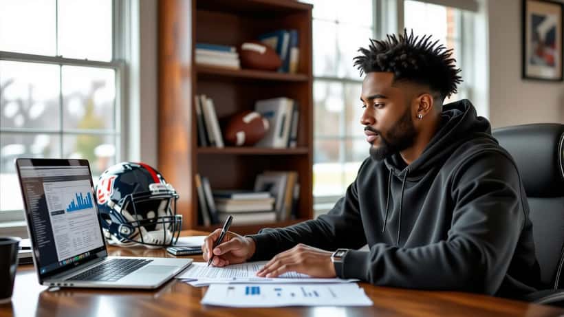 Young NFL player reviewing financial contract documents at a desk with a football helmet in the background