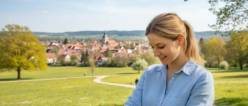 Junge Frau trägt Sonnencreme auf dem Arm auf an einem sonnigen Frühlingstag draußen