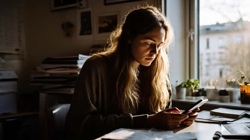 Ung kvinna stirrar bekymrat på smartphone med hatkommentarer i mörkt rum