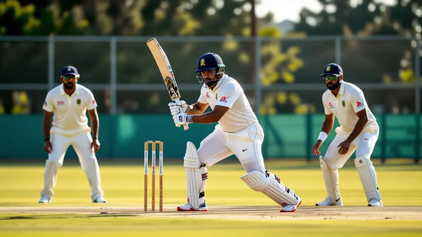 Fast bowler clutching his side in pain mid-follow-through on a sunlit cricket pitch as a physiotherapist approaches