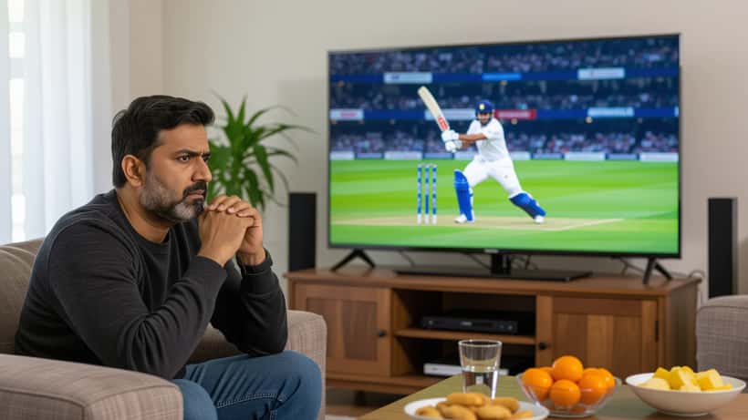 Supporter sud-asiatique canadien anxieux devant le match de cricket ENG vs SL à la télévision