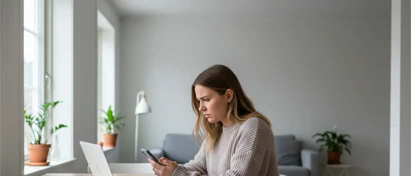 Norsk kvinne ser bekymret på telefon og laptop med regninger på bordet
