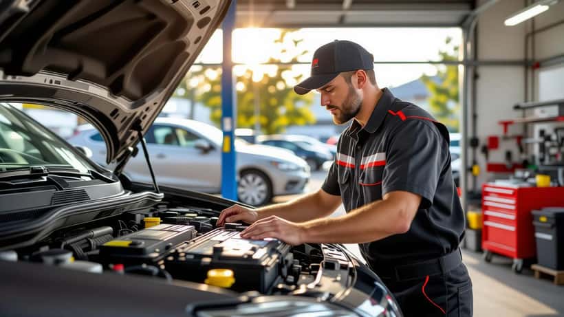 Mécanicien contrôlant une batterie de voiture sous la chaleur estivale en Suisse