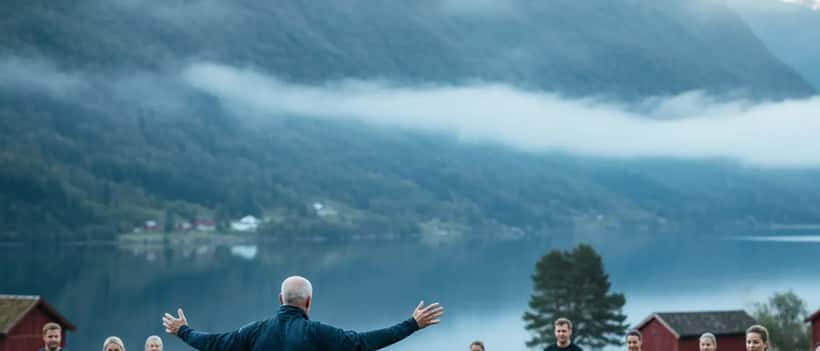Norsk fitness-instruktør coacher gruppe i militærstil trening i fjellene nær Voss