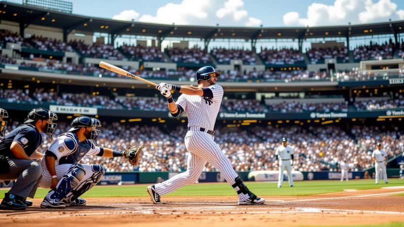 Baseball first baseman in Yankees pinstripes driving through a full swing at home plate, catcher crouching, stadium crowd in background