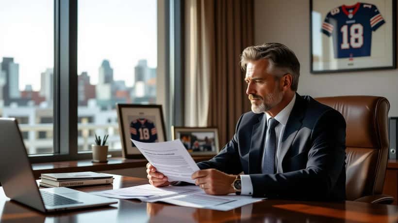 Avocat en droit du sport examinant un contrat d'entraîneur dans un bureau à Montréal