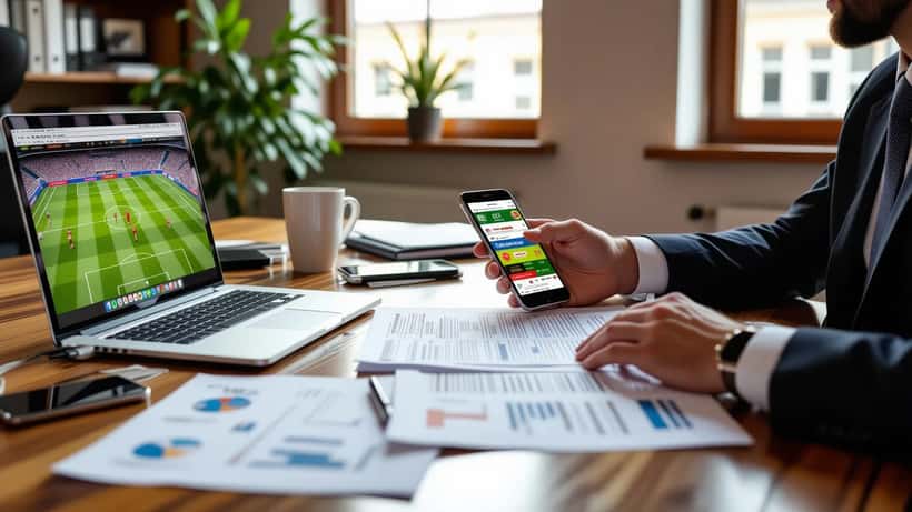 Anwaltsschreibtisch mit Wettschein, Smartphone mit Fußballquoten und Rechtsdokumenten