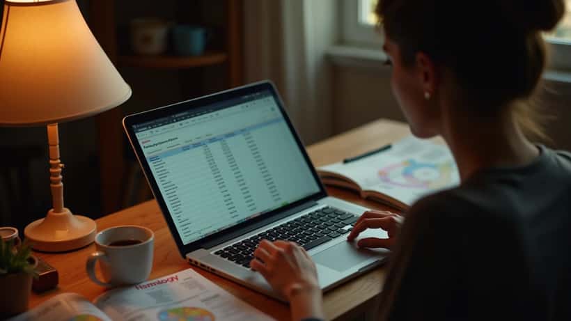 Woman reviewing financial charts on laptop with horoscope birth chart on desk in home office