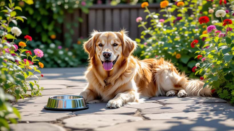 Flåsande golden retriever på het uteplats under europeisk värmebölja sommaren 2026