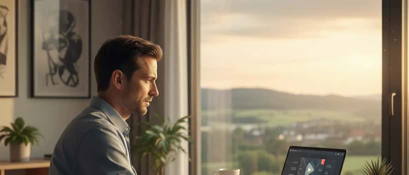 Mann sitzt konzentriert am Laptop mit Streaming-Interface auf dem Bildschirm im Homeoffice