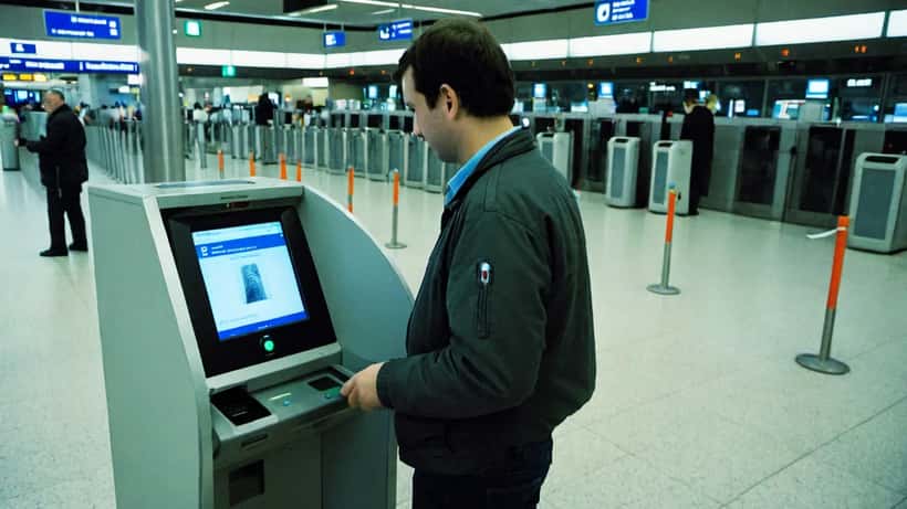 Voyageur canadien utilisant un kiosque biométrique à la frontière européenne
