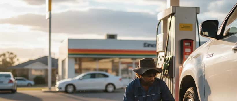 Australian mechanic checking tyre pressure at a petrol station
