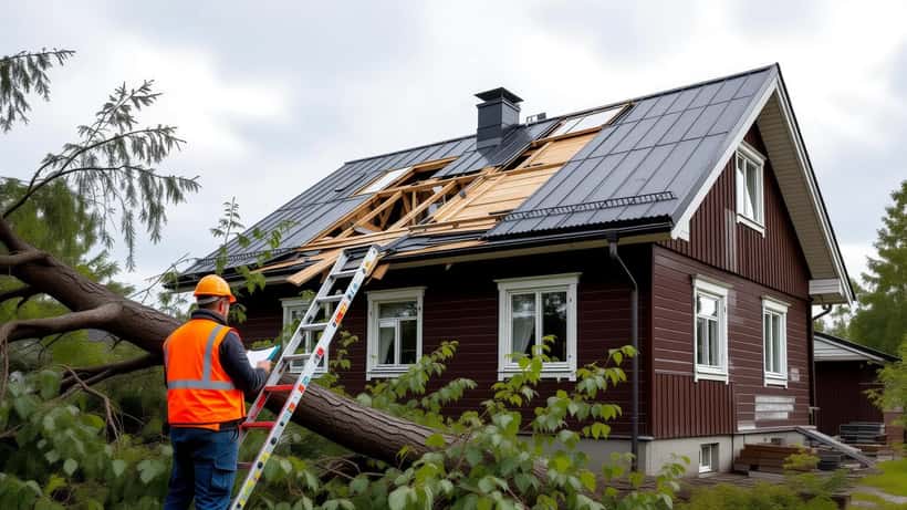 Rakennusmestari tarkastaa myrskyvaurioituneen omakotitalon kattoa Suomessa, kaatunut mänty harjalla