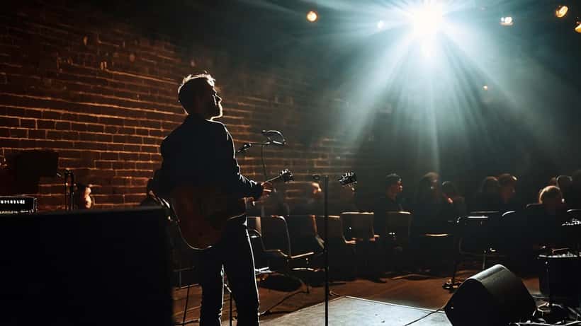 Tónlistarmaður á sviði á tónlistarstað í Reykjavík með tóma stóla og veggljós