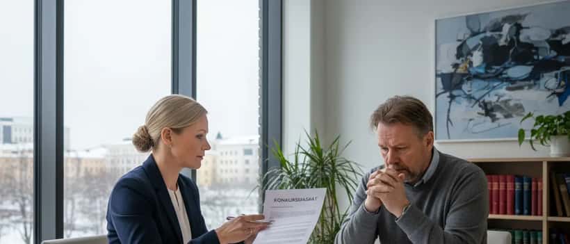 Suomalainen asianajaja Helsingin toimistossa käy läpi konkurssiasiakirjoja pienyrittäjän kanssa