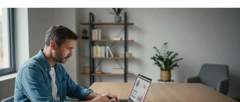 Uomo italiano preoccupato che guarda grafici finanziari su laptop con notebook di calcoli vicino